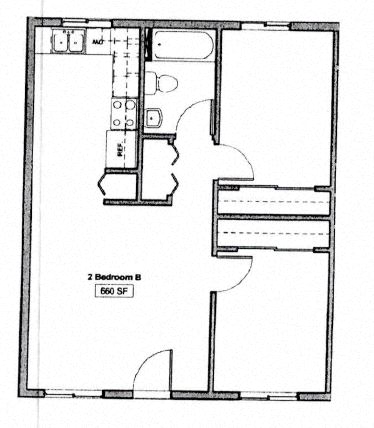 Floor plan for 2 beds, 1 bath, 762 sqft